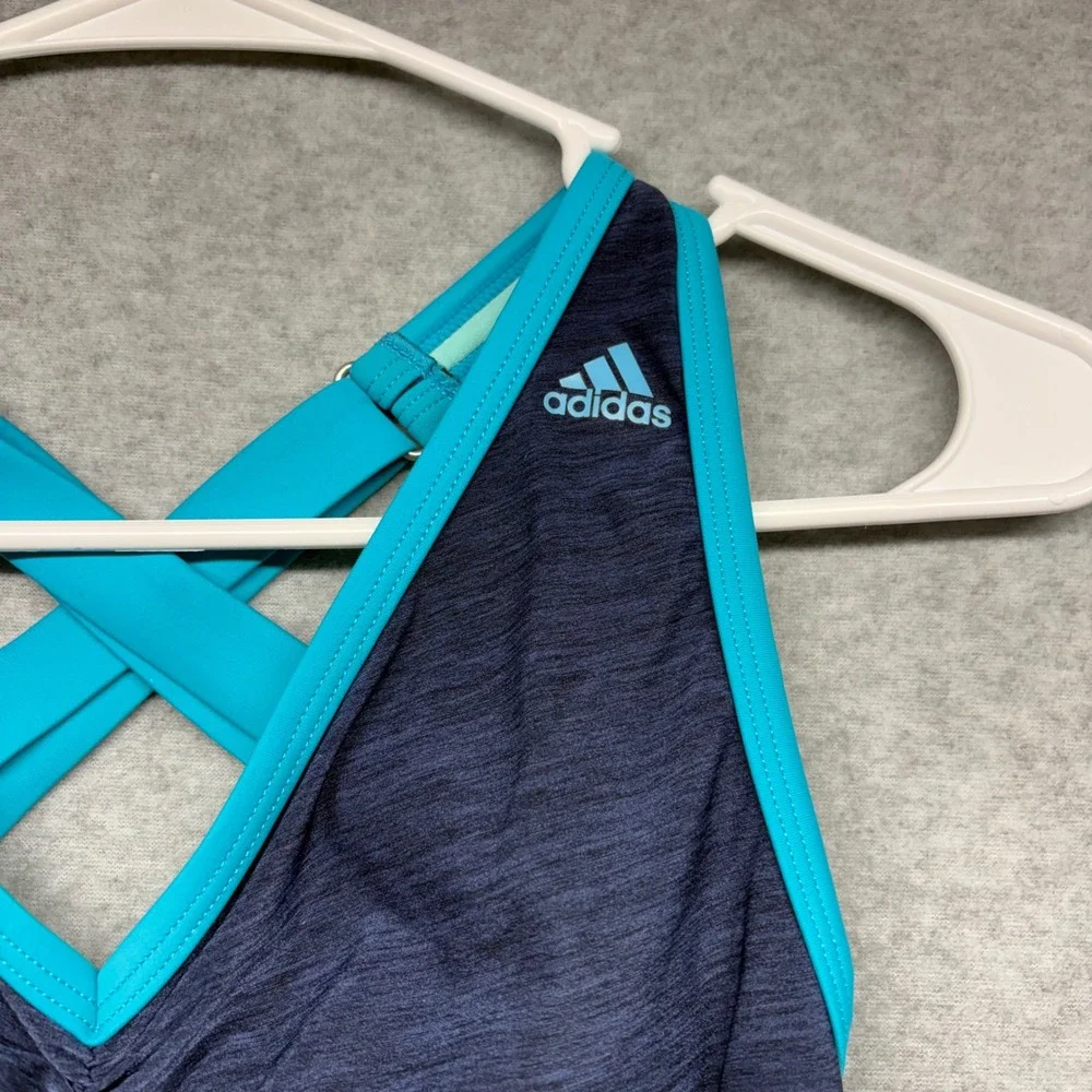 Adidas Womens Navy Turquoise 3-Stripe Tankini Swim Top Size Medium Sporty V-Neck